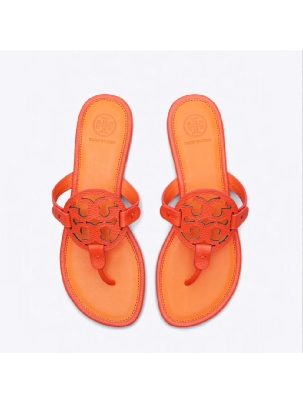 Tory Burch Orange Tumbled Leather Logo Miller Sandals Brand New Modern Resort
